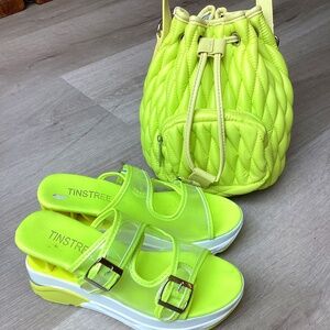 Ecostitch NEW WMNS Nylon Puffy Quilted Crossbody Shoulder Neon Bag & Shoes Sz 7